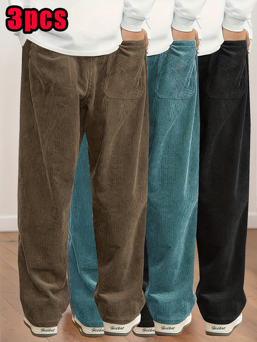3pcs Women's Straight-Leg Corduroy Casual Pants, Thin Spring/Autumn Fashion Drawstring Waist Trousers for Daily Wear and Dating - Brown+blue+black
