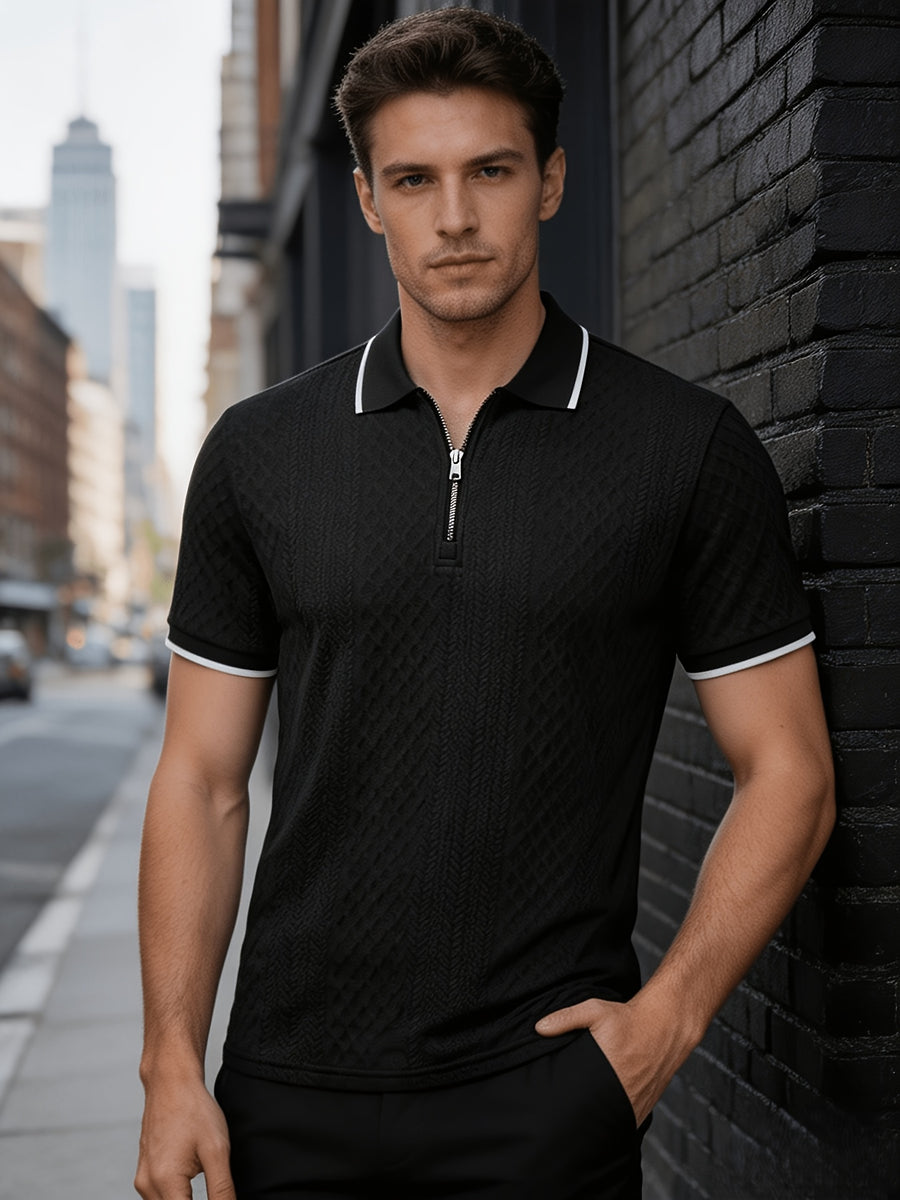Men'S Quarter-Zip Knit Polo Shirt, Textured Diamond Jacquard Short Sleeve Top, Summer Golf Casual Office Street Wear - Black