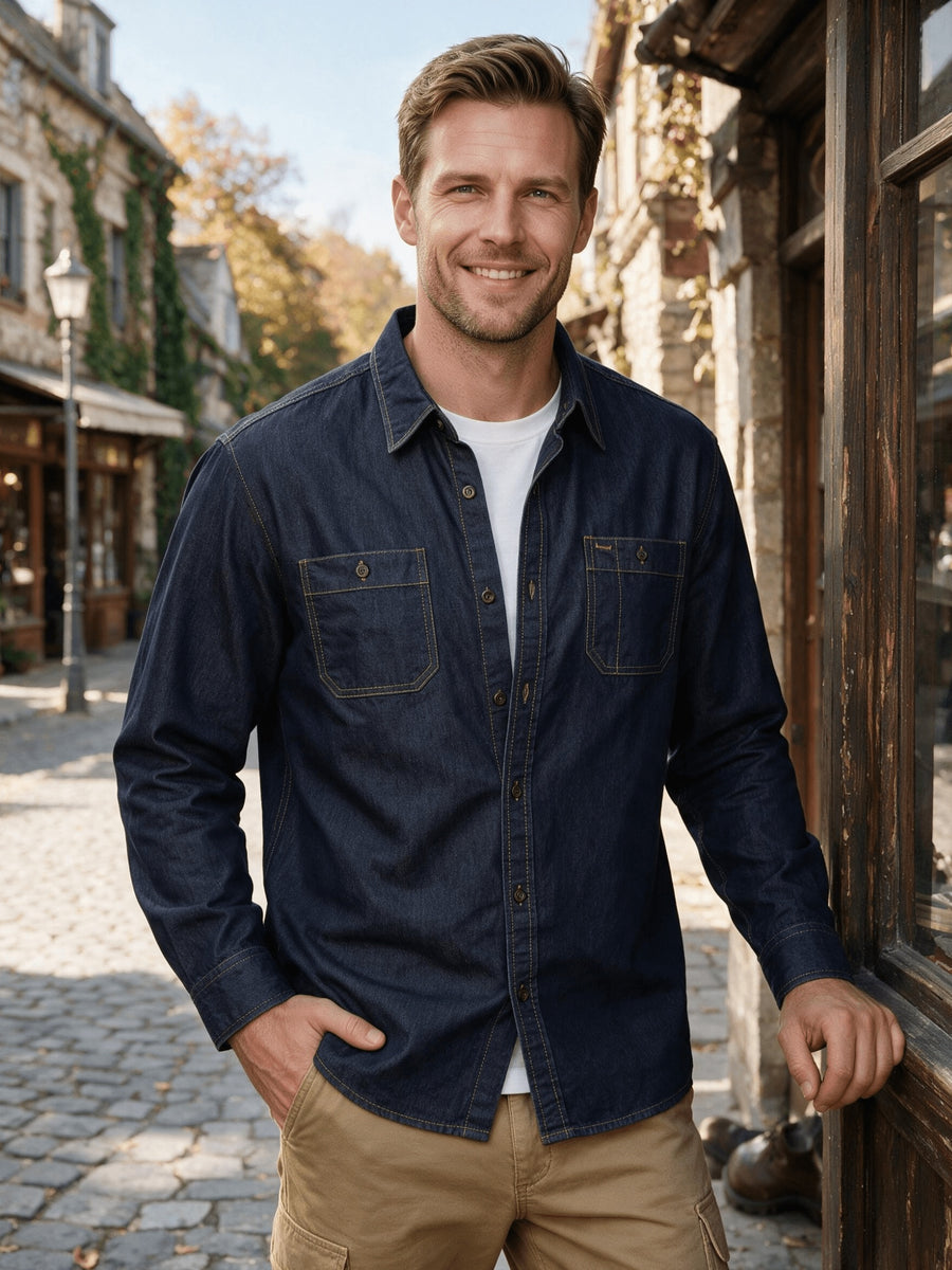 Men's Dark Wash Denim Workshirt Long Sleeve Button Shirt, Comfort Breathable Soft Denim Fabric with Dual Button Chest Pockets Fashion Workwear Brand Top for Daily Commute & Street - Navy Color