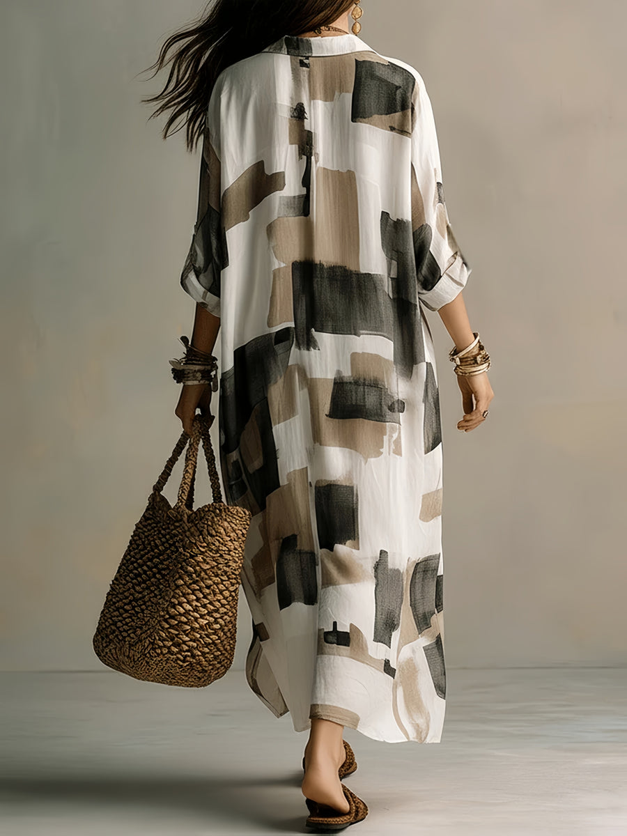 Women'S Temperament Lapel Loose Long Sleeve Dress, -Like Blend Fabric Skin-Friendly Breathable Vacation Commute Daily Versatile Style, Easy Design Spring Summer Fall Fresh Lazy Style Long Dress - Mixed colors