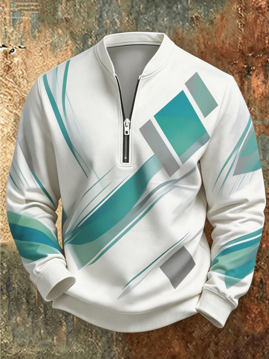 [Print Design - Not Textured] Men'S Relaxed Minimalist Style Single-Sided Gray Lines, Flat Print Casual Half-Zip Sweatshirt, Stand Collar Design, Suitable for Autumn And Winter, Ideal for Suburban Driving, Lakeside Leisure - Mixed colors