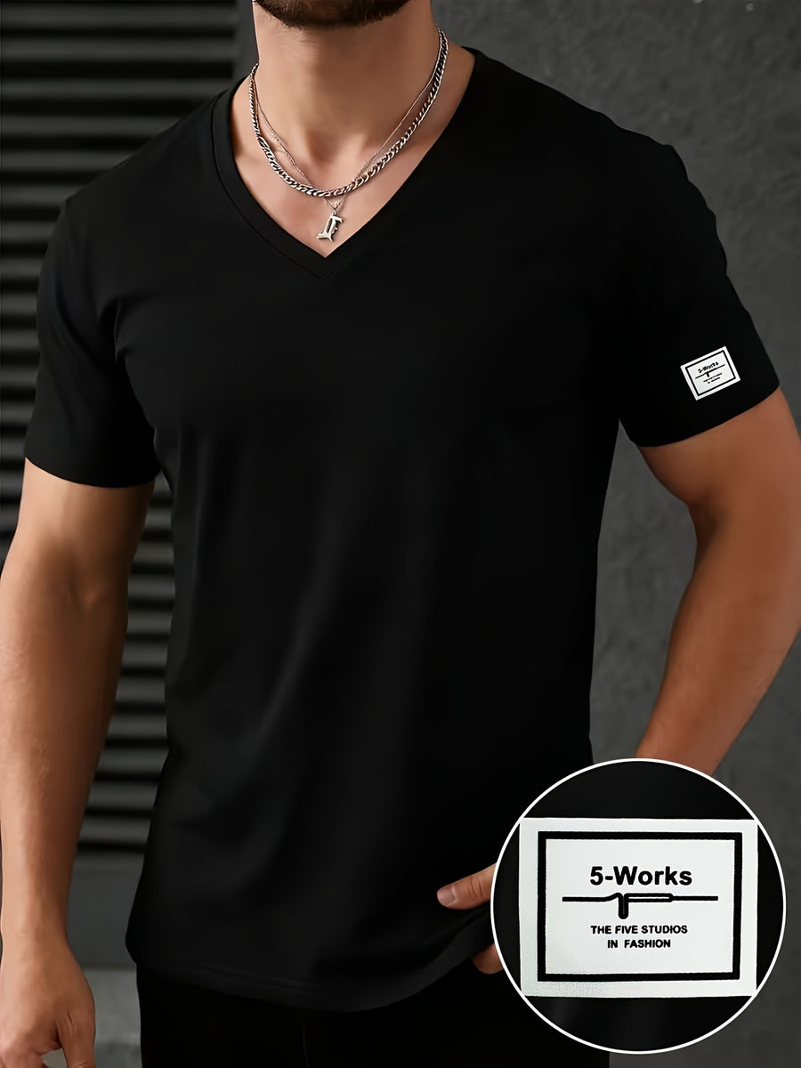 Men'S Patchwork V-Neck Short Sleeve T-Shirt, Suitable for Summer Outdoor Casual Wear, Casual Versatile Knit Top - Black 3