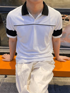 New Summer Men's Color-Block Lapel Short-Sleeve Polo Shirt with Raglan Sleeves, Casual Sporty Style, Skin-Friendly and Breathable Top, Structured and Slimming Fit, Flattering on All Body Types, Versatile and Trendy for Daily Commuting and Streetwear - White