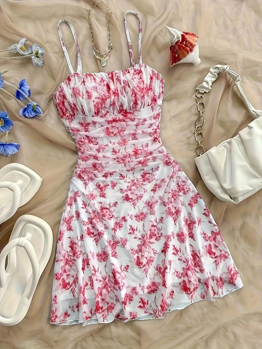 Women'S New Floral Print Halter Dress, Fashionable And Elegant, All-Season Wear - Red