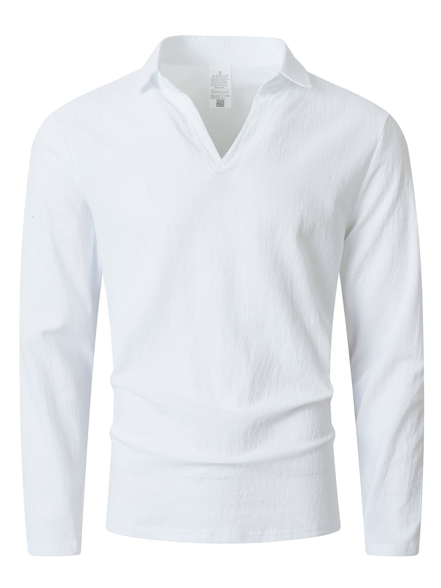 2026 Spring Autumn Men'S Casual Solid Color Lapel V-Neck Long Sleeve Men'S Western Casual All-Match Long Sleeve Top - White