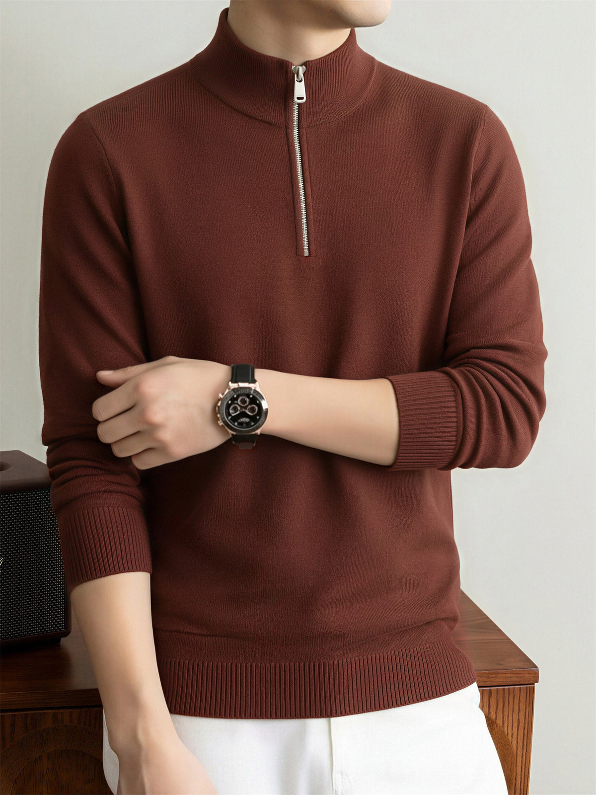 Autumn/Winter Knitted Solid Color Half-Zip Stand Collar Sweater, Basic Knit Pullover, Men's Fashion Long Sleeve Knitwear, QiS - New brown red