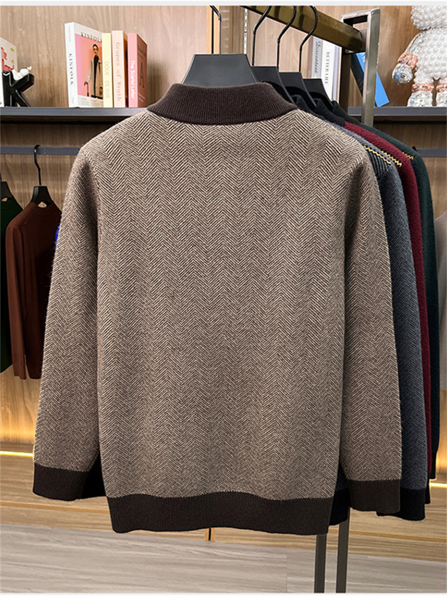 Autumn Winter Knit 3D Solid Round Neck Half-Zip Sweater, Basic Knit Pullover Top for Men, Fashionable Long Sleeve ZYR - Camel