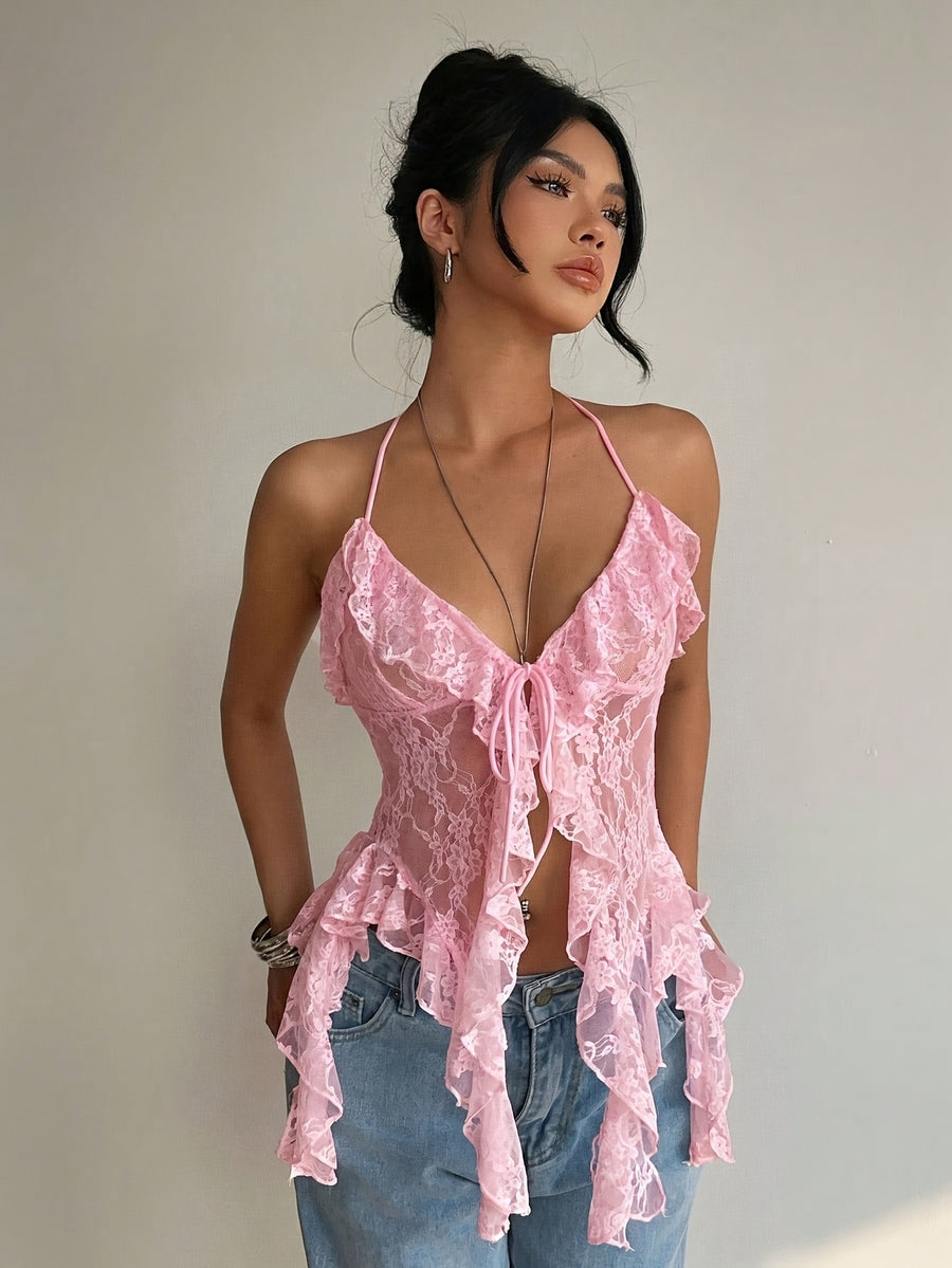 Women'S Fitted White Lace Sheer Long Ribbon Design Asymmetrical Hem Tank Top for Music Festival And Vacation, for Wedding, Dating, Party, Summer Top - Pink