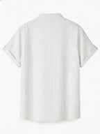Men's Stand Collar Henley Short Sleeve Shirt 3pcs, Vertical Stripe Texture Half-Button with Pocket Top, Summer Breathable Casual Vacation 3pcs Versatile Men's Shirt Set - Black+white+khaki