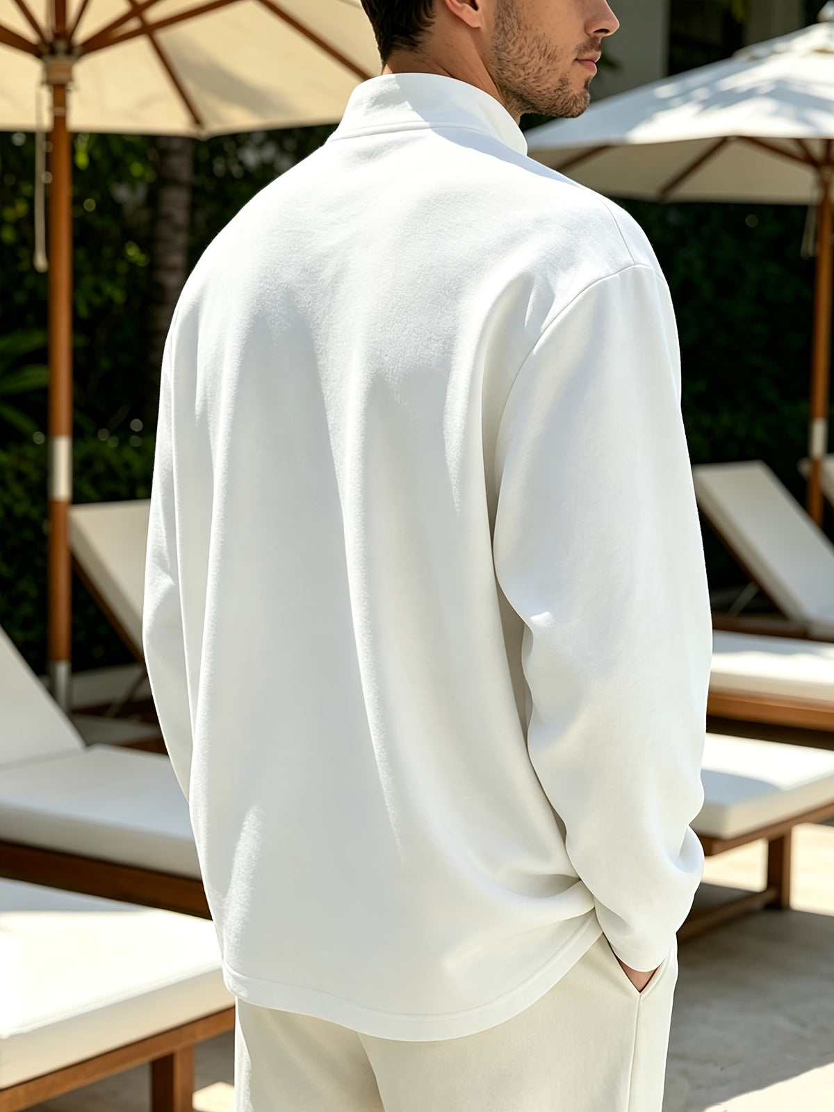 Spring/Autumn Henry Neck Long Sleeve T-Shirt, Loose Fit with Half-Open Placket Design, Versatile Commuter Base Layer, an Excellent Choice for Daily Work and Casual Vacations - White