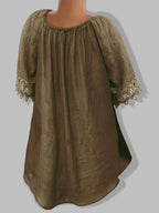 Bohemian Style V-Neck Lace Blouse with Drawstring, Loose Flared Sleeve Breathable Top - Coffee Brown