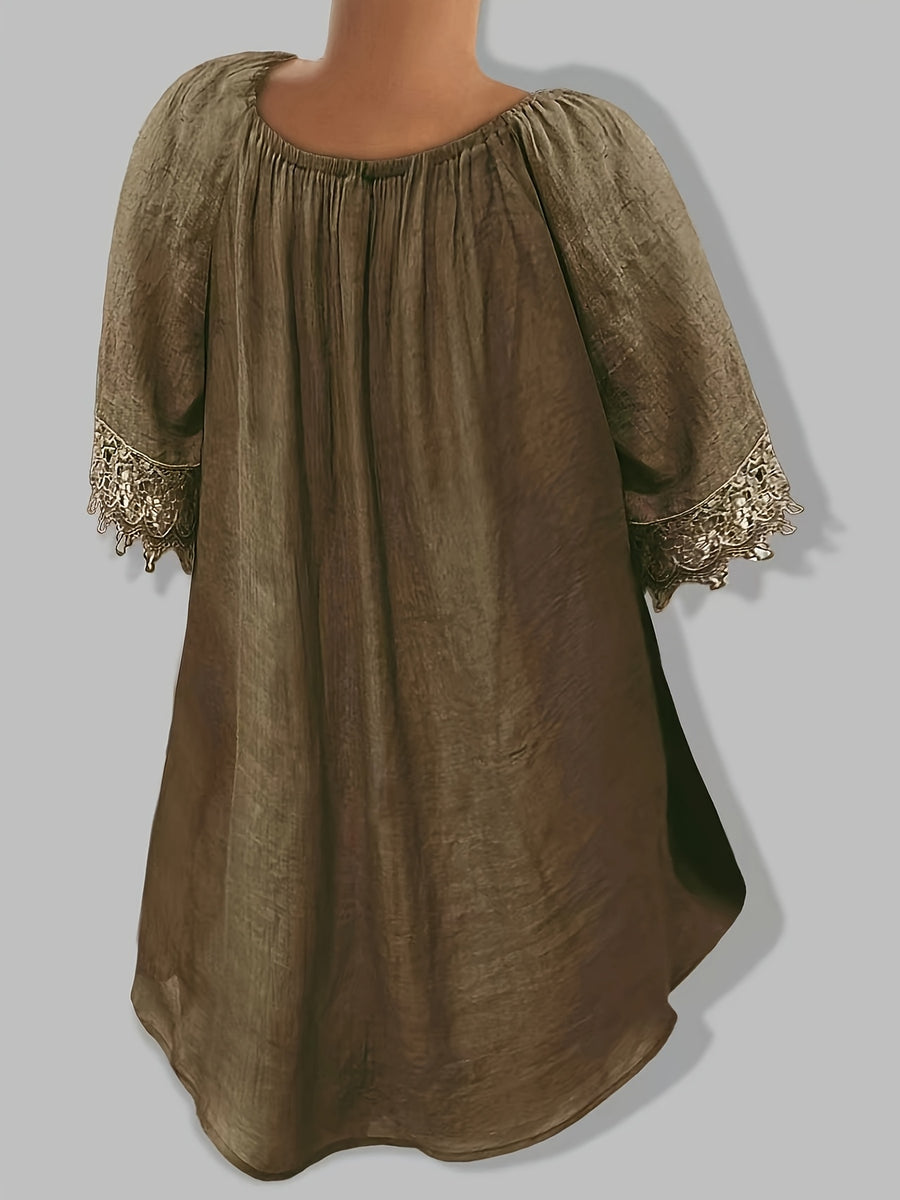 Bohemian Style V-Neck Lace Blouse with Drawstring, Loose Flared Sleeve Breathable Top - Coffee Brown
