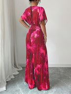 Women's Spring/Summer Elegant Vacation Style Floral Print V-Neck Batwing Sleeve Pleated Wide-Leg Jumpsuit - Rose Red