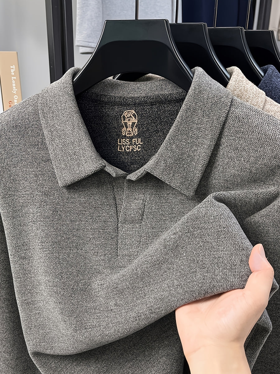 Men's Solid Color Long-Sleeve Polo Knit Shirt, Soft and Skin-Friendly Blended Yarn Polo Shirt, Semi-Open Collar for Easy Wear and Universal Fit, Suitable for Daily Commuting, Visiting Friends and Family, Casual Loose-Fit Long-Sleeve T-Shirt - Grey