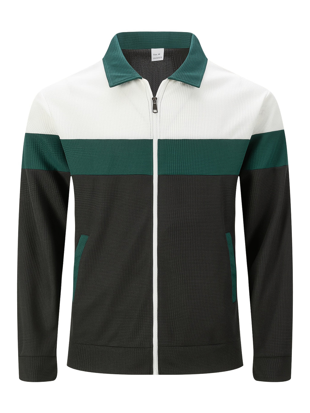 Men'S Waffle Checkered Color-Block Zipper Jacket, Lapel Contrast Patchwork Side Pockets, Spring Autumn Casual Loose Coat - Dark Green