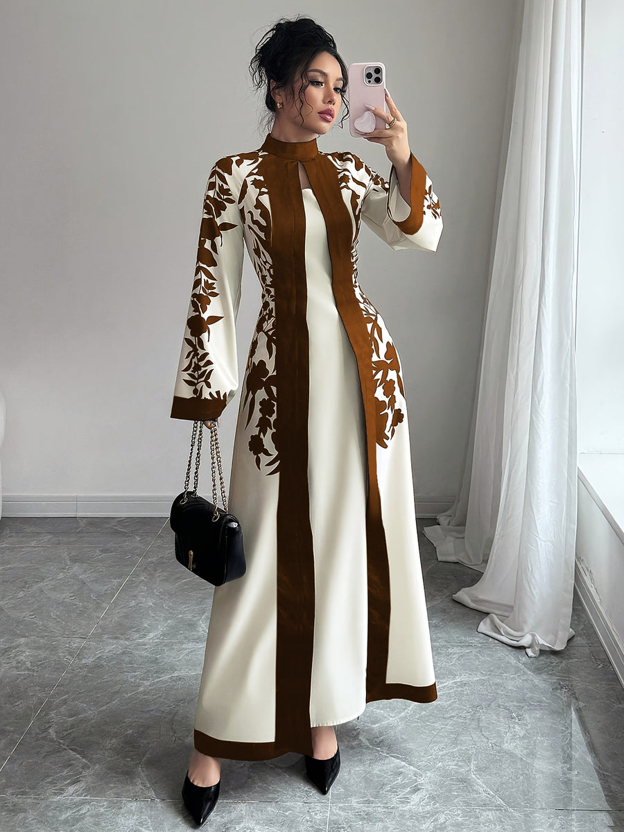 Fashionable Elegant Faux Two-Piece Fall/Winter New Floral Print Long Sleeve Maxi Dress - Light Brown-1
