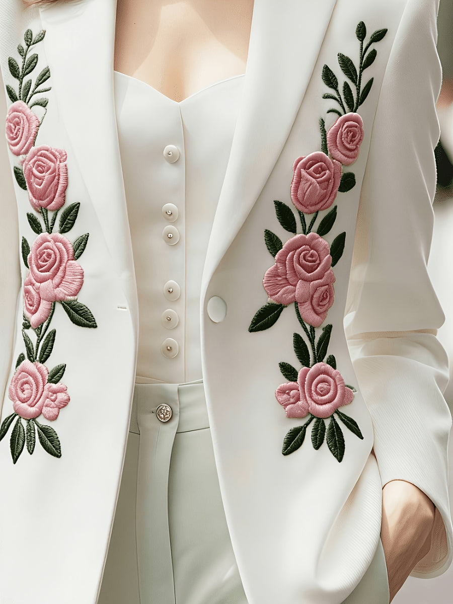 Women White Notched Lapel Blazer Elegant Floral Embroidery Slim Suit Jacket Elegant White Tailored Blazer Green Leaf Butterfly Embroidery Single Button Outerwear Vintage Floral Butterfly Embroidery White Blazer Ladies Formal Office Suit Jacket - Pink Embroidery