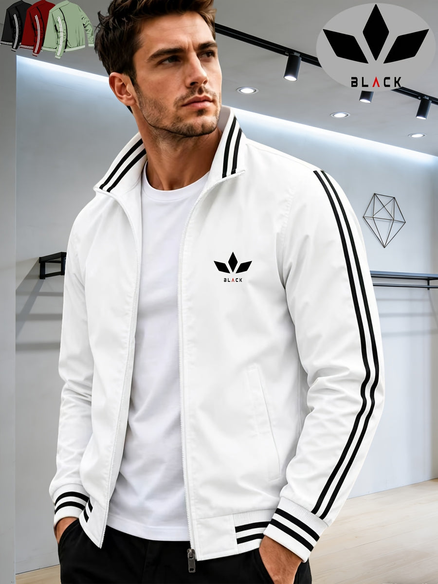 Men's Spring/Autumn Stand Collar Baseball Jacket with "BLACK" Lettering and Diamond Pattern Print, Zipper Front with Contrast Stripes, Lightweight Casual Windproof Sports Jacket - White