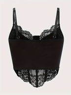 European Style Sexy Floral Lace Diamond Fishbone See-Through Women'S Corset Top - Black