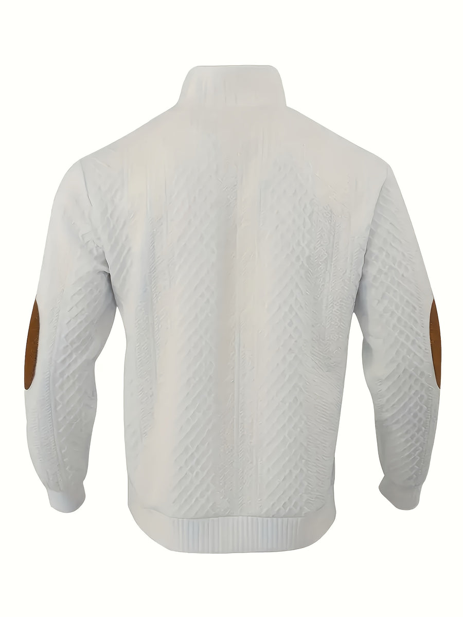 Men'S Casual Sports Sweater, Knit Sweater, American Casual Textured Diamond Knit Top, Men'S Stand Collar Contrast Color Button-Up Loose All-Match Retro Velvet Sweater Jacket, Autumn Winter Casual Sweater, Multi-Color Available - White
