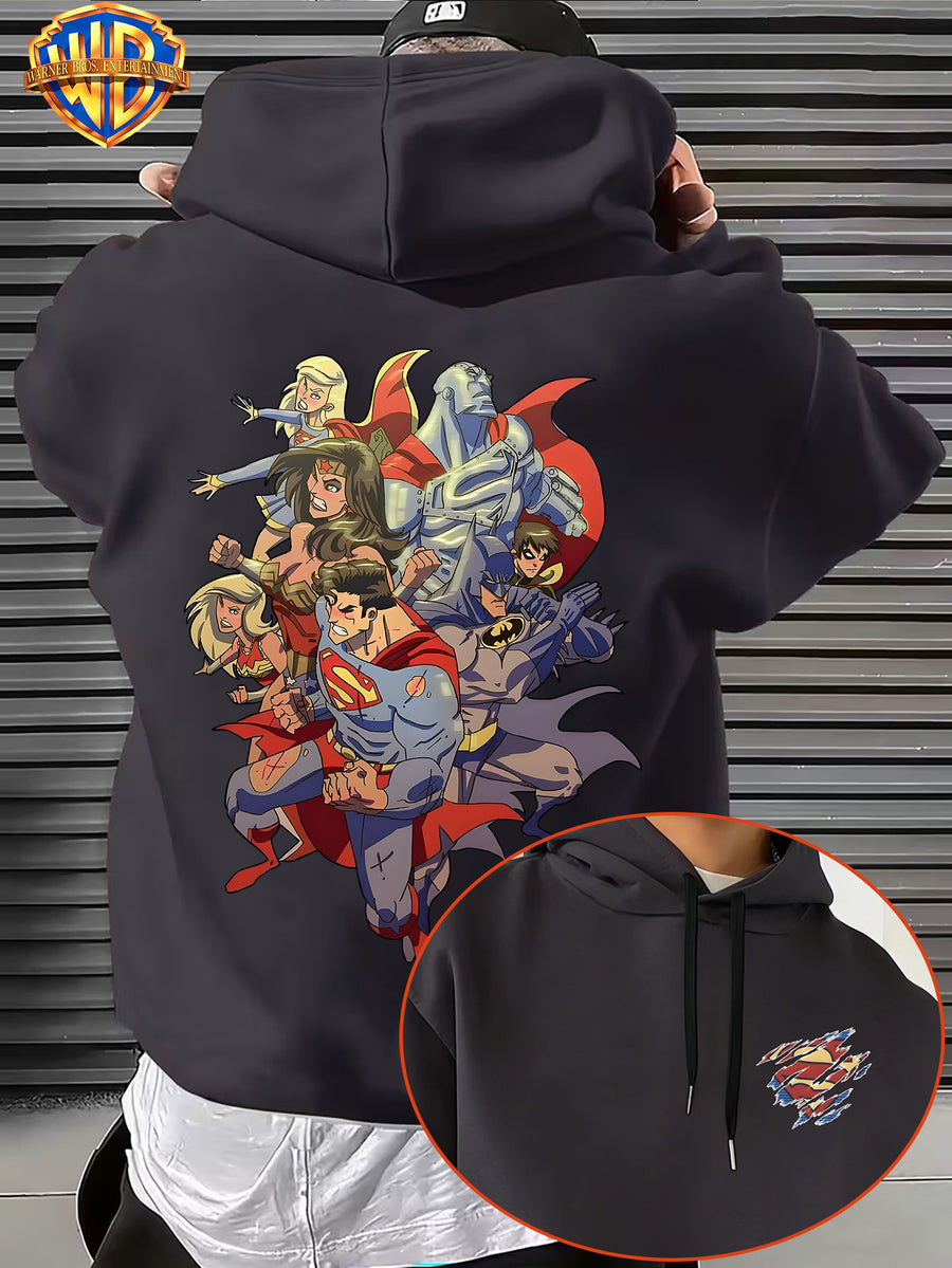 Warner Bros. DC Superhero Group Pose Multi-Character Collaboration Hot-Blooded Comic Style Cool Print Men's Fashion Hooded Sweatshirt, Sleeve Print Design, Kangaroo Pocket, Drawstring Hood, Suitable for Daily Wear and Outdoor Sports, an Excellent - Dark Gray