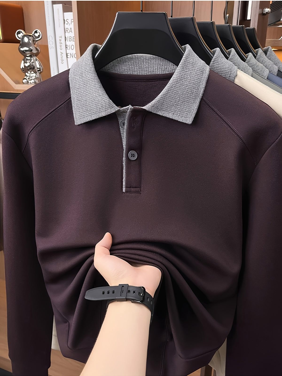 Autumn Contrast Collar Long Sleeve Polo Shirt, Men'S Drop Shoulder Knit Pullover, Spring Autumn Business Casual Base Layer Top, Loose Patchwork Collar T-Shirt, Casual Fishing Top - Reddish Brown