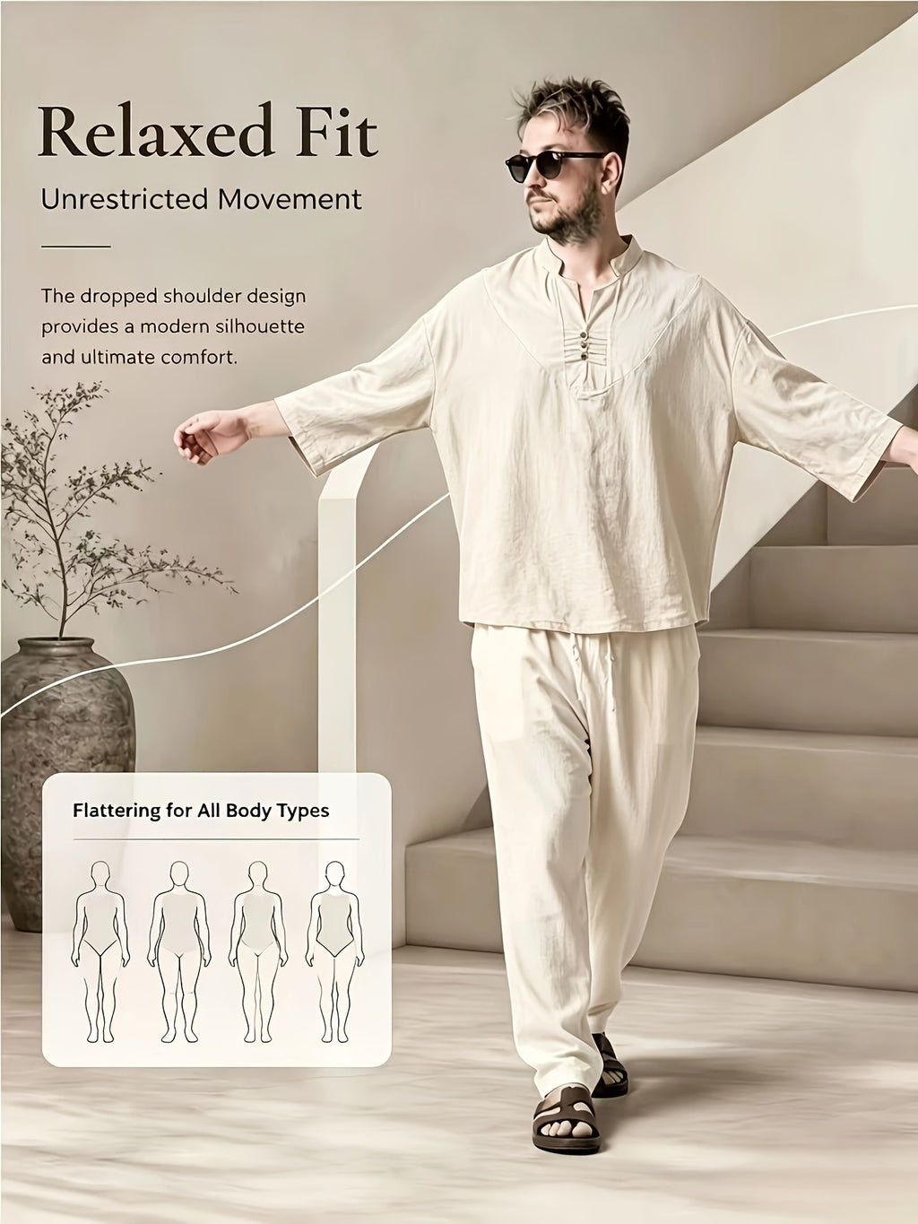 Men's Casual Shirt, New Linen V-Neck Casual Shirt for Daily Wear, Three-Quarter Sleeve Design, Suitable as a Gift! - Khaki