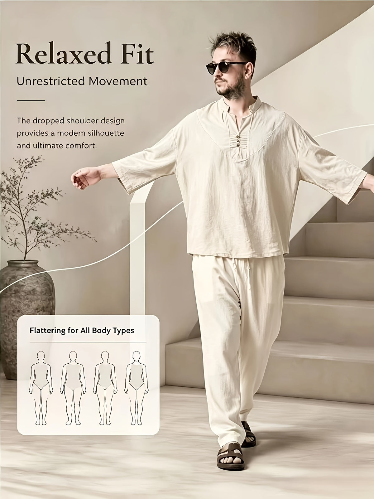 Men's Casual Shirt, New Linen V-Neck Casual Shirt for Daily Wear, Three-Quarter Sleeve Design, Suitable as a Gift! - Khaki