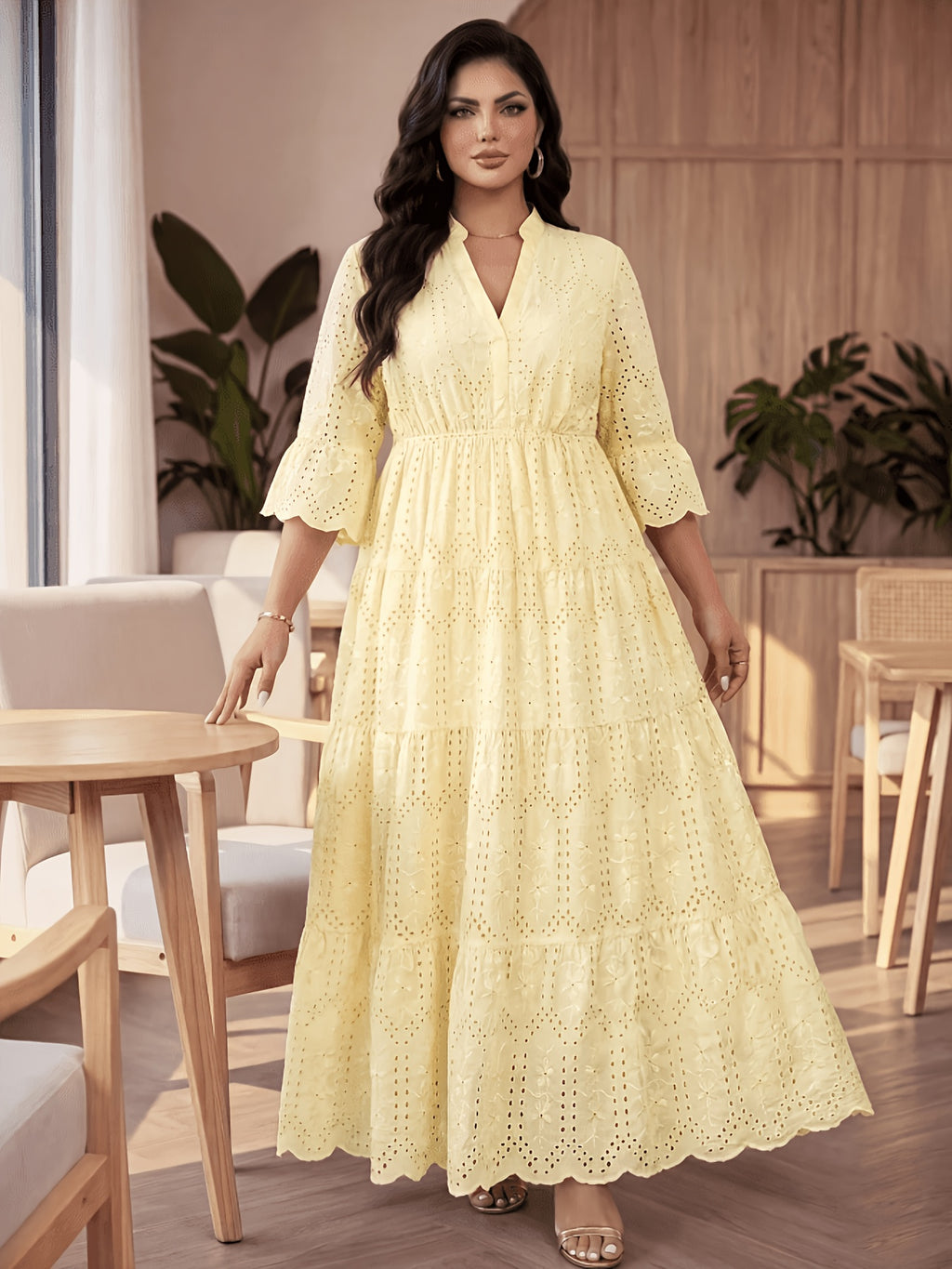 Plus Size, Chizhaoxue Targeted Plus Size Women's Clothing Boho Eyelet Maxi Dress, Elegant V-Neck Bell Sleeve Tiered Long Beach Sundress, Curvy Casual Vacation Cottagecore Dress - Yellow