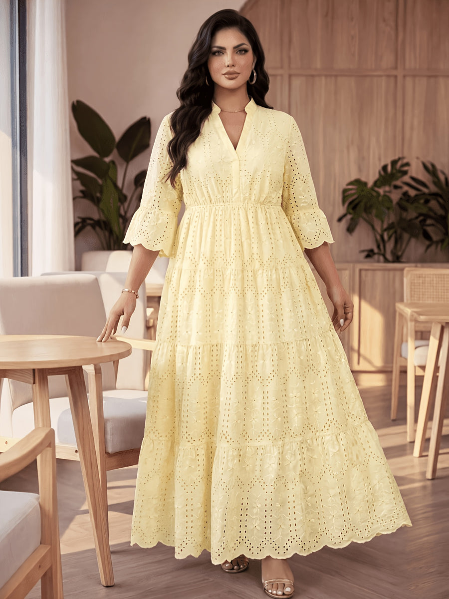 Plus Size, Chizhaoxue Targeted Plus Size Women's Clothing Boho Eyelet Maxi Dress, Elegant V-Neck Bell Sleeve Tiered Long Beach Sundress, Curvy Casual Vacation Cottagecore Dress - Yellow