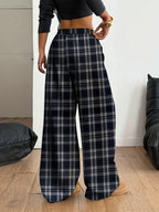 Women'S Plaid Wide-Leg Pocket Drawstring Casual Fashion Fall Winter Trousers - Navy Color