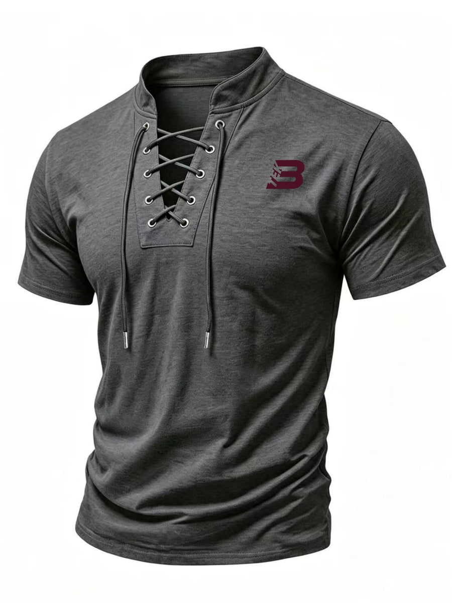 Summer Men'S Retro Stand-Up Collar Tie Short-Sleeved T-Shirt, Easy THE B Letter Print Slim Fit Casual Versatile Base Shirt - Dark Gray