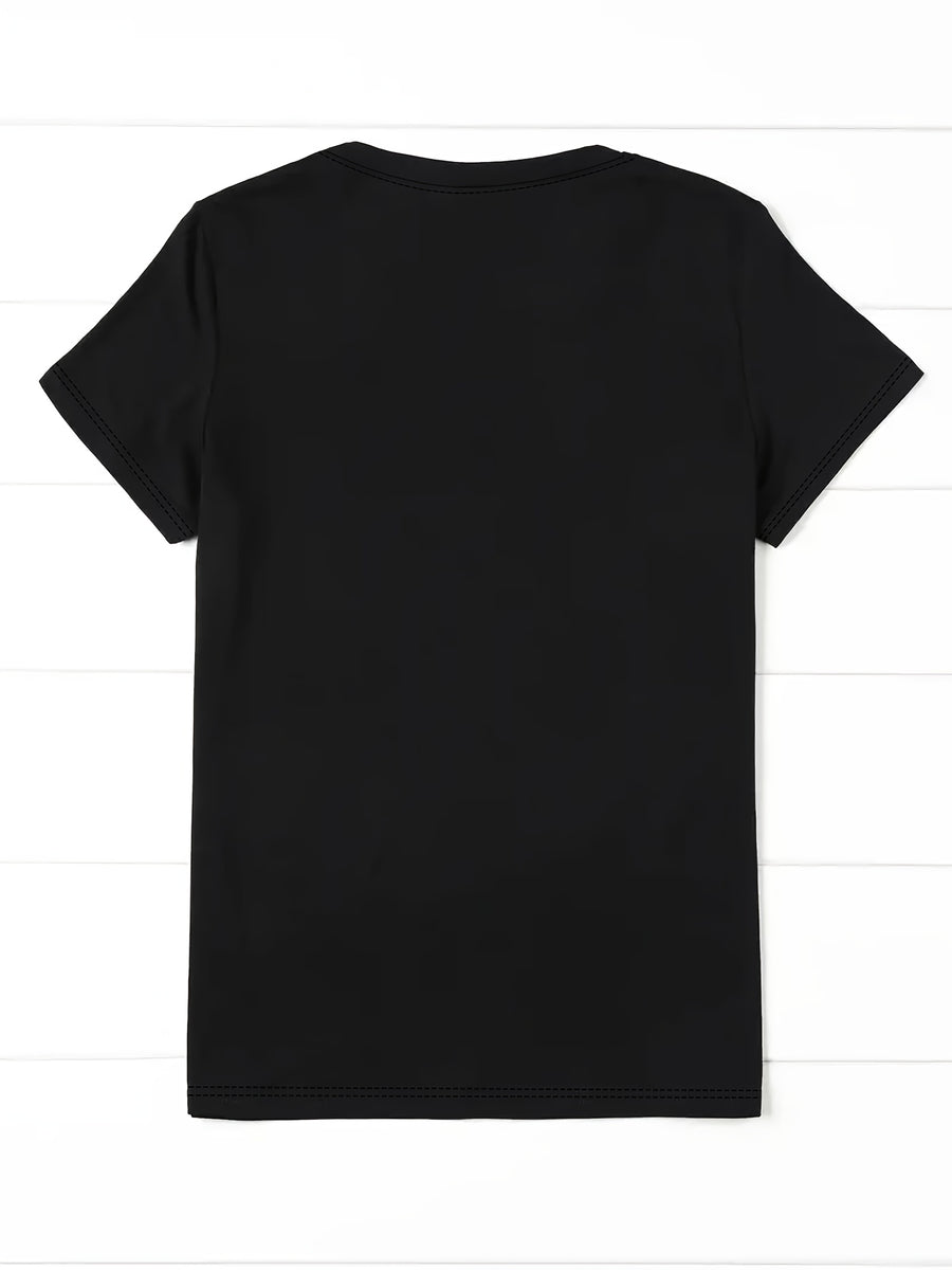 Printed Design Casual Crew Neck T-Shirt, Spring/Summer Fashion Women's T-Shirt [Printed Design – Not Textured] - Black