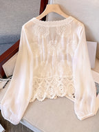 Women's Floral Lace Blouse - Elegant V-Neck Button-Up Shirt with Bell Sleeves, Machine Washable Women's Top for Wedding, Garden Party, Everyday - Boho Chic Blouse for Spring/Summer Outfits, Wedding Guest Outfit, Romantic Design, Intricate Embroidery - Apricot