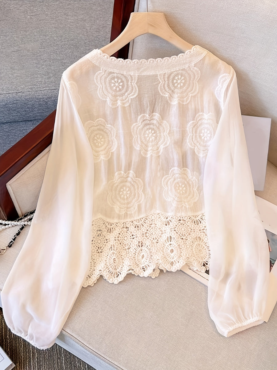 Women's Floral Lace Blouse - Elegant V-Neck Button-Up Shirt with Bell Sleeves, Machine Washable Women's Top for Wedding, Garden Party, Everyday - Boho Chic Blouse for Spring/Summer Outfits, Wedding Guest Outfit, Romantic Design, Intricate Embroidery - Apricot