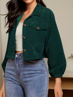 Autumn Winter New Jacquard Lapel Solid Color Coat Women'S Fashion Pinstripe Button Design Casual Jacket - Dark Green