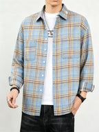Men'S Casual Plaid Long Sleeve Shirt, Lapel Button-Up Shirt, Double Pocket Design, Classic Checkered Pattern, Twill Fabric, Comfortable And Breathable, Suitable for Spring And Autumn, Casual Outing, Men'S Dress Shirt, Men'S Shirt, Casual Business - Blue And Yellow Grid