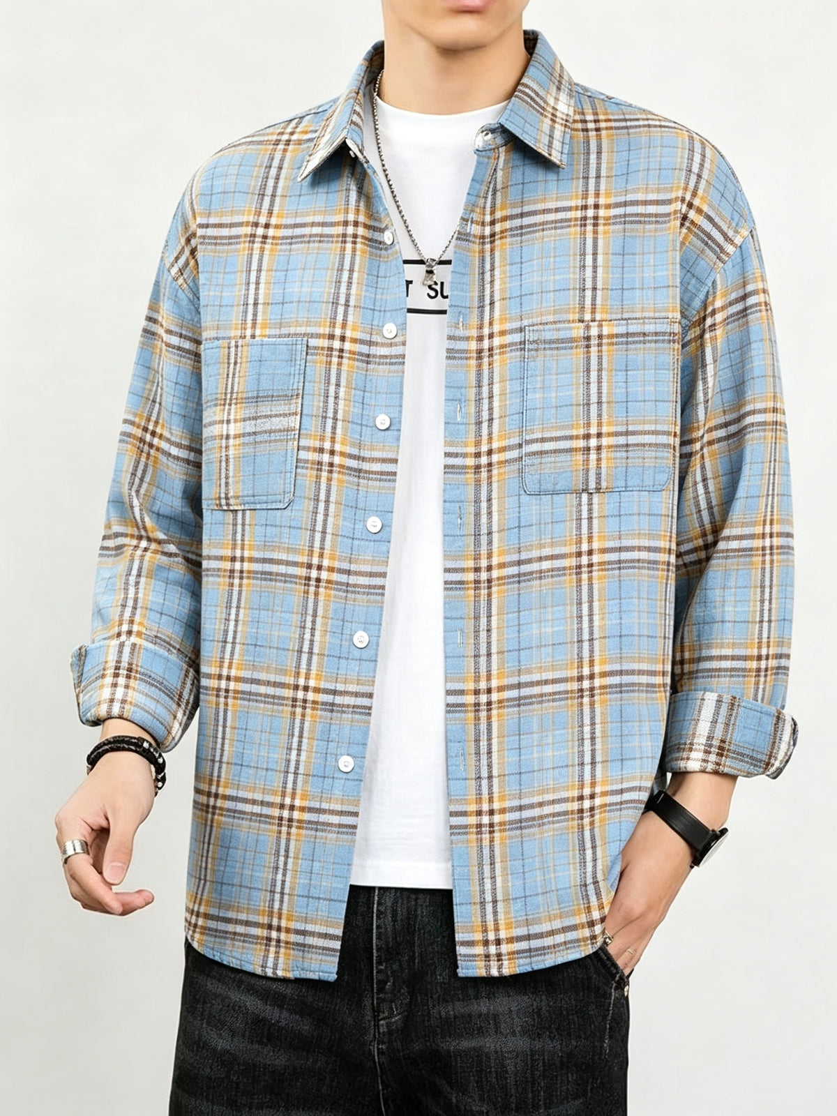 Men'S Casual Plaid Long Sleeve Shirt, Lapel Button-Up Shirt, Double Pocket Design, Classic Checkered Pattern, Twill Fabric, Comfortable And Breathable, Suitable for Spring And Autumn, Casual Outing, Men'S Dress Shirt, Men'S Shirt, Casual Business - Blue And Yellow Grid