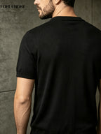 FORLENGKE Men's Summer Henley Neck Knitted Short-Sleeve T-Shirt, Solid Color Vintage Texture, Simple Yet Sophisticated, Summer Minimalist Trendy Versatile Casual Top for Layering or Wearing Alone - Black