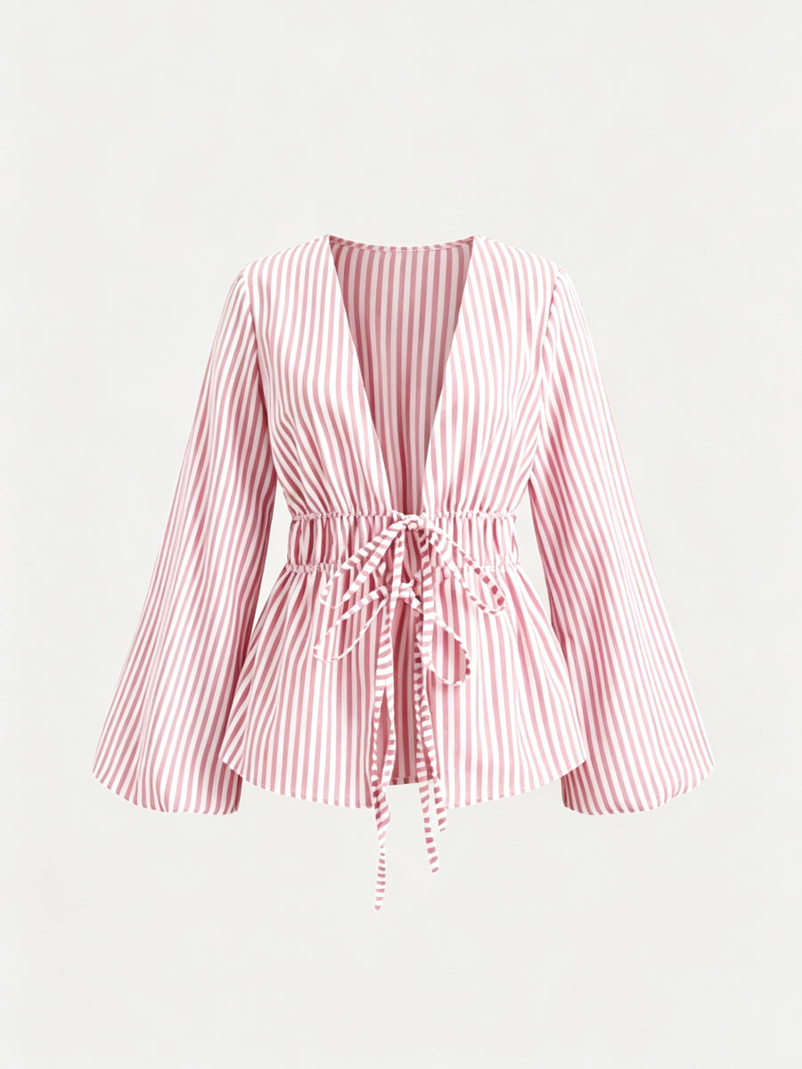 Belted Vertical Stripe Long-sleeve Shirt, Artistic Casual Fashion, Versatile Loose Top - Pink