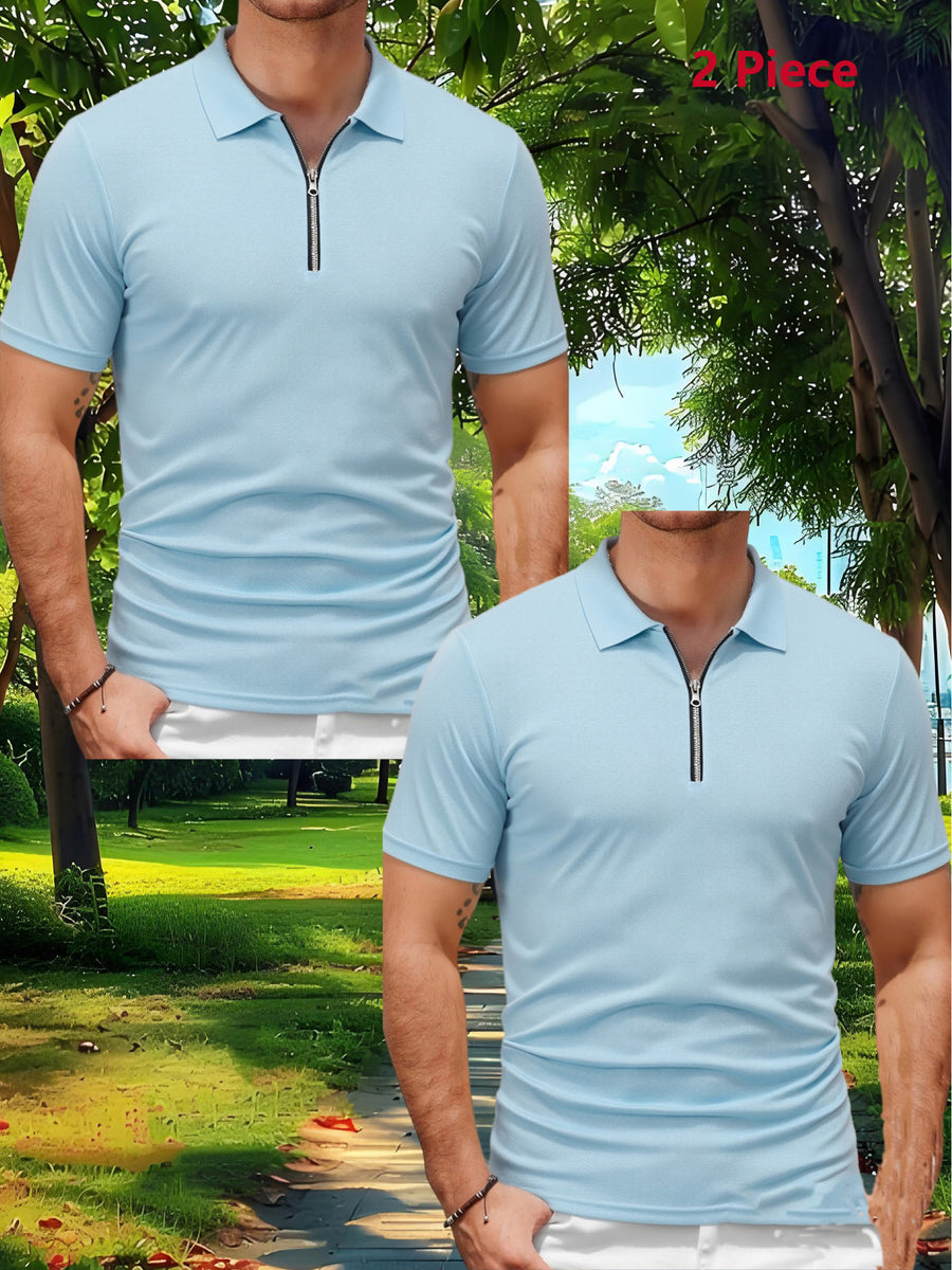 2pcs Men'S Sports Outdoor Casual Lapel Solid Color Breathable Zipper POLO Shirt - Light Blue 2 Pieces