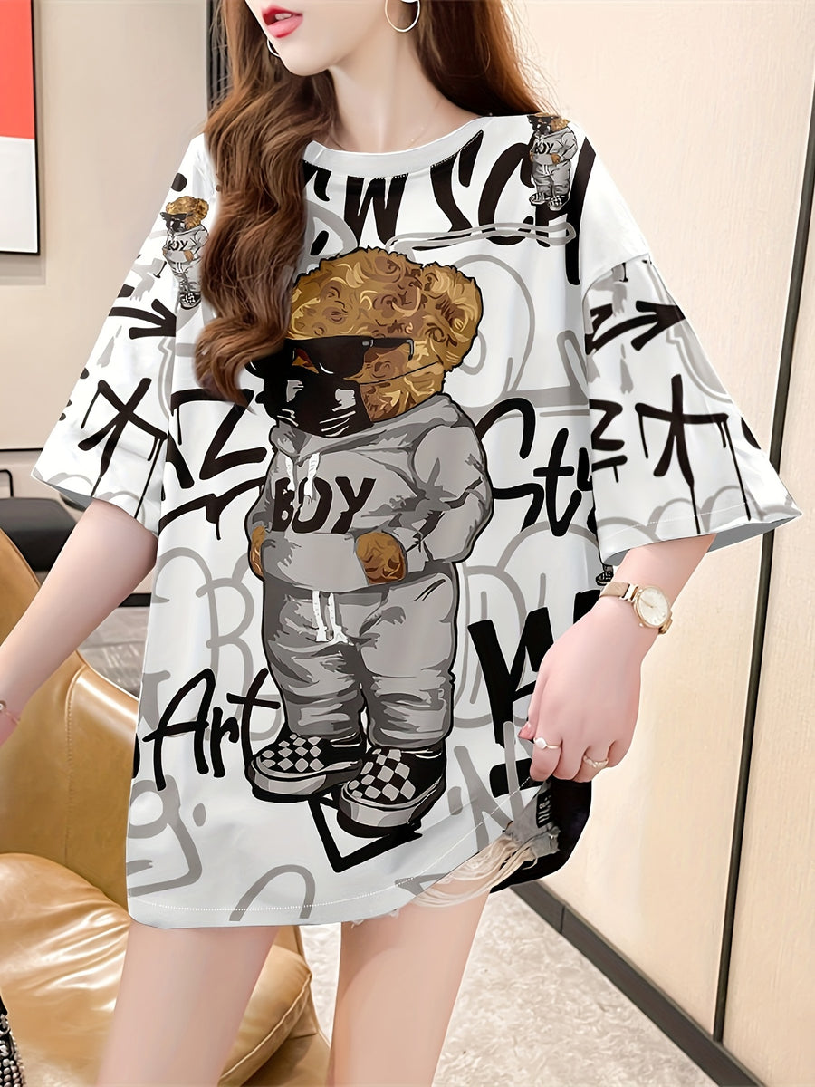 Summer New Large Size Loose Fashion Trend Slim Cartoon Round Neck Print Ladies Women'S Medium And Long Short-Sleeved T-Shirt Clothes - K140-W