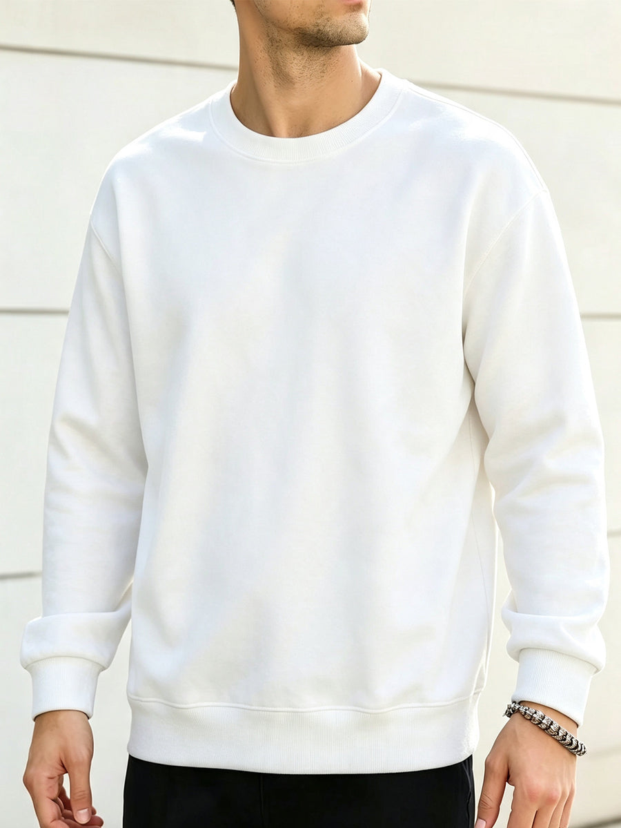 Men's Spring/Autumn Fashion Crew Neck Sweatshirt - Knitted Long Sleeve, Casual Sportswear Top, Studio Single Piece T-Shirt, Cotton Blend Knit with Slight Stretch Fabric, Pullover, New Men's Apparel Gift - White