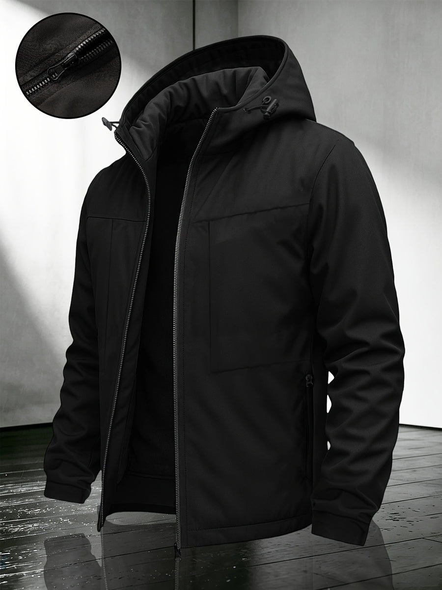 Men'S Solid Color Hooded Jacket | Solid Multi-Functional Style Lightweight Trench Coat, Suitable for Spring And Autumn, for Daily Commute And Street Style; Universal Fit, Regular Fit. -5639 - Black