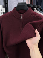 Autumn/Winter Knitted Solid Color Crew Neck Half-Zip Sweater, Basic Knit Pullover, Men's Fashion Long Sleeve Knitwear, QS - Red