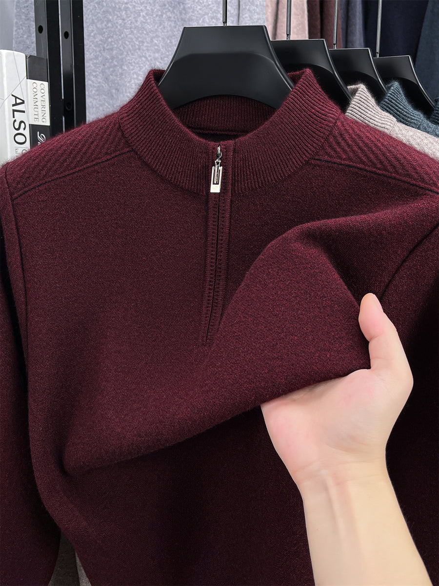 Autumn/Winter Knitted Solid Color Crew Neck Half-Zip Sweater, Basic Knit Pullover, Men's Fashion Long Sleeve Knitwear, QS - Red