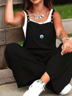 Women's Vacation Wide-Leg Jumpsuit - Sleeveless with Adjustable Buckle Straps, Pockets Included, Machine Washable, Solid Color - Black
