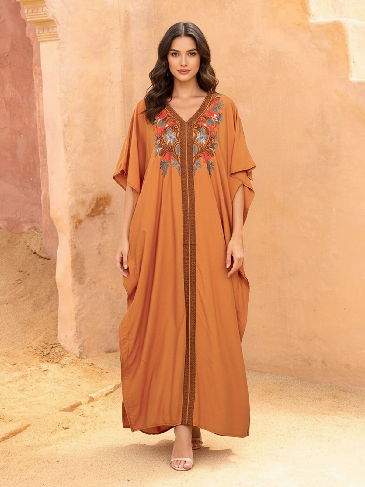 Elegant Floral Embroidered Batwing Sleeves Cover up for Women V-Neck Boho Long Maxi Dress Flowy Summer Holiday Caftan Robe Q1807 - Orange-Red