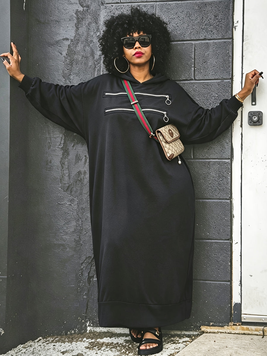 Plus Size Women Long Hooded Dress, Irregular Asymmetric Zipper Split Hem Sweatshirt Dress, Gothic Streetwear Loose Stretch Pocket Long Sleeve Hoodie Dress - Black
