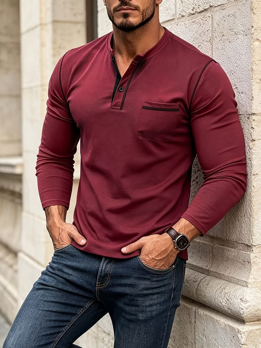 New Quick-Dry Fabric Henley Collar Long Sleeve Men'S Color-Block Lines Chest Pocket Casual Commute Running Fitness Long Sleeve Shirt - Burgundy